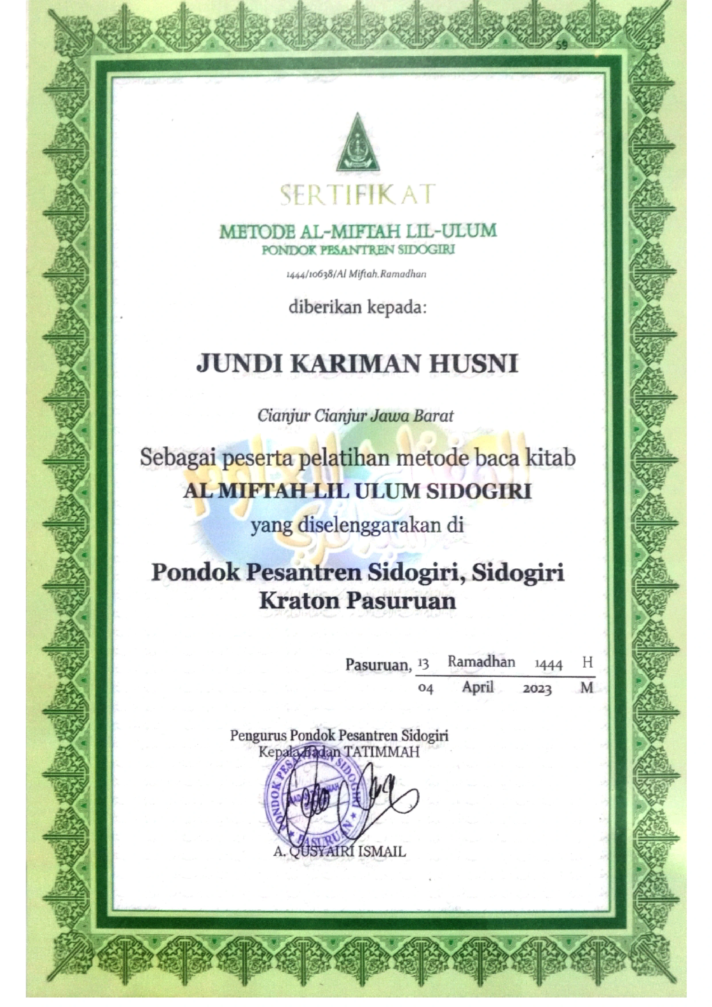 Ijazah Kitab Miftah Lil Ulum